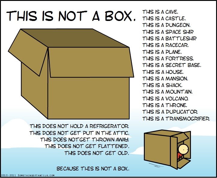 THIS IS NOT A BOX.
THIS IS A CAVE.
THIS IS A CASTLE.
THIS IS A DUNGEON.
THIS IS A SPACE SHIP.
THIS IS A BATTLESHIP.
THIS IS A RACECAR.
THIS IS A PLANE.
THIS IS A FORTRESS.
THIS IS A SECRET BASE.
THIS IS A HOUSE.
THIS IS A MANSION.
THIS IS A SHACK.
THIS IS A MOUNTAIN.
THIS IS A VOLCANO.
THIS IS A THRONE.
THIS IS A DUPLICATOR.
THIS IS A TRANSMOGRIFIER.
THIS DOES NOT HOLD A REFRIGERATOR.
THIS DOES NOT GET PUT IN THE ATTIC.
THIS DOES NOT GET THROWN AWAY.
THIS DOES NOT GET FLATTENED.
THIS DOES NOT GET OLD.
BECAUSE THIS IS NOT A BOX.
2010-2011 SOMETHINGOFTHATILK.COM