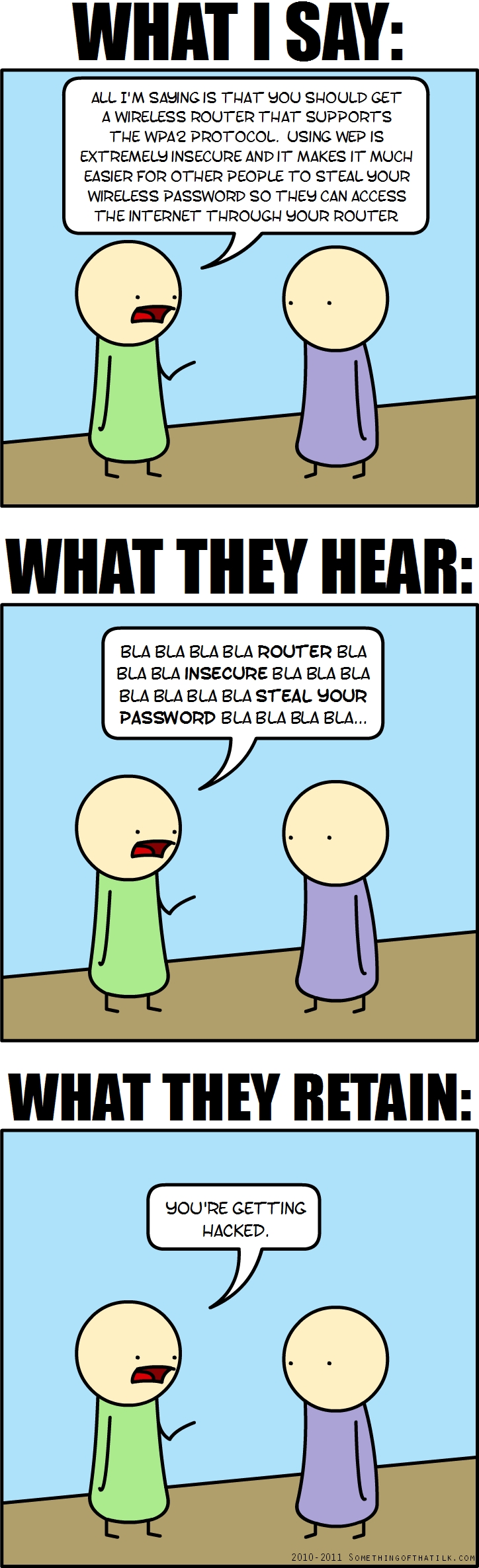 WHAT I SAY:
ALL I'M SAYING IS THAT YOU SHOULD GET
A WIRELESS ROUTER THAT SUPPORTS
THE WPA2 PROTOCOL. USING WEP IS
EXTREMELY INSECURE AND IT MAKES IT MUCH
EASIER FOR OTHER PEOPLE TO STEAL YOUR
WIRELESS PASSWORD SO THEY CAN ACCESS
THE INTERNET THROUGH YOUR ROUTER
WHAT THEY HEAR:
BLA BLA BLA BLA ROUTER BLA
BLA BLA INSECURE BLA BLA BLA
BLA BLA BLA BLA STEAL YOUR
PASSWORD BLA BLA BLA BLA...
WHAT THEY RETAIN:
YOU'RE GETTING
HACKED.
2010-2011 SOMETHINGOFTHATLK.COM