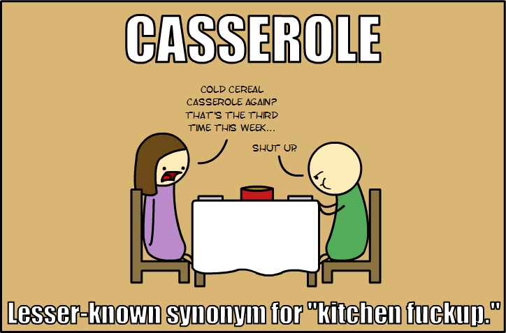CASSEROLE
COLD CEREAL
CASSEROLE AGAIN?
THAT'S THE THIRD
TIME THIS WEEK...
SHUT UP?
Lesser-known synonym for 
