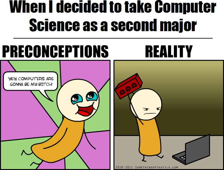When I decided to take Computer Science as a second major
PRECONCEPTIONS
Yey, COMPUTERS ARE GONNA BE MY BITCH!
REALITY
2010-2011 SOMETHINGOFTHATILK.COM