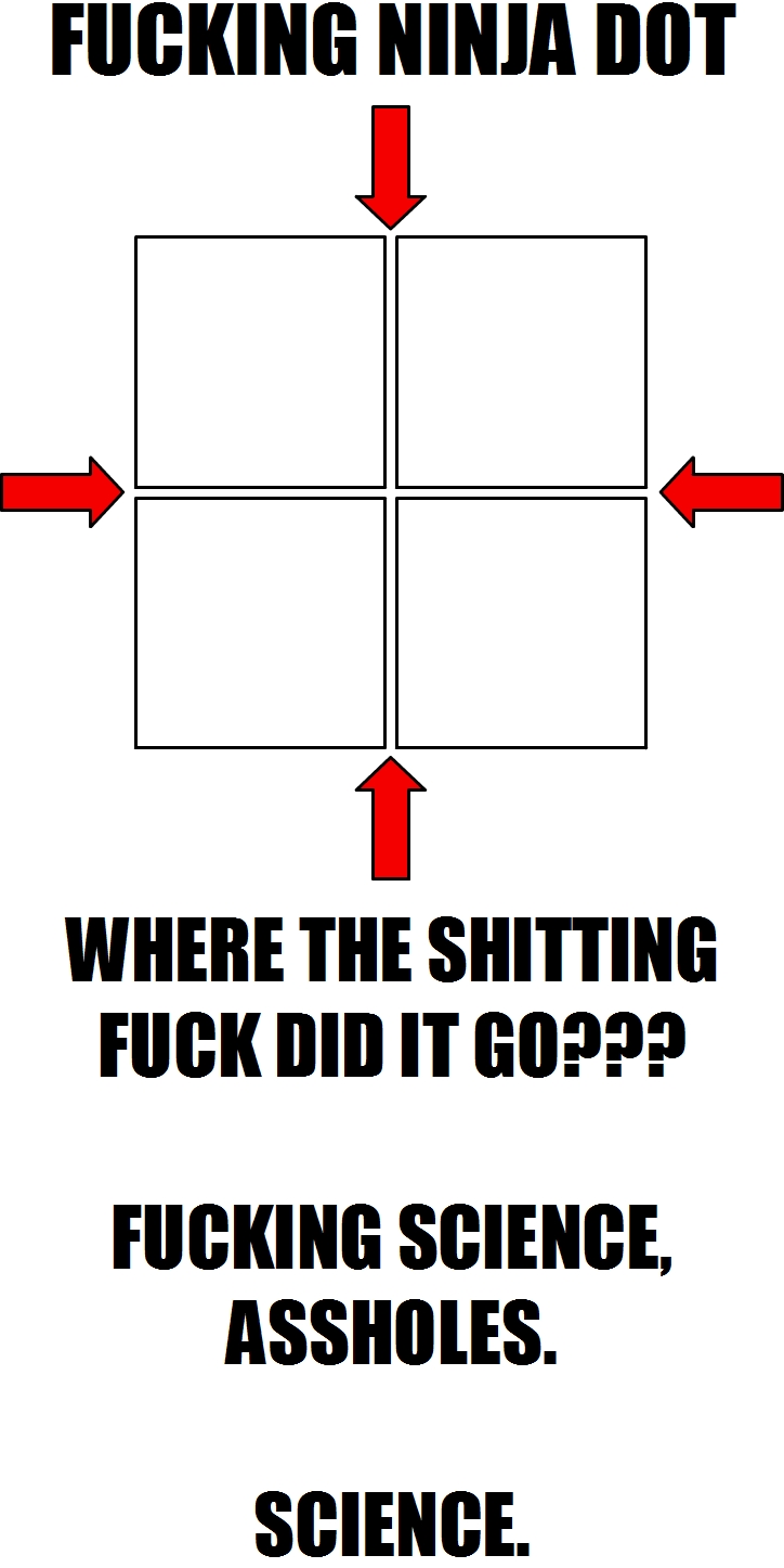 FUCKING NINJA DOT
WHERE THE SHITTING
FUCK DID IT GO???
FUCKING SCIENCE,
ASSHOLES.
SCIENCE.
