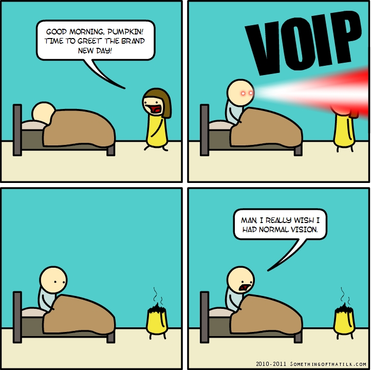 GOOD MORNING, PUMPKIN!
TIME TO GREET THE BRAND
NEW DAY!
VOIP
MAN, I REALLY WISH I
HAD NORMAL VISION.
2010-2011 SOMETHINGOFTHATLK.COM
