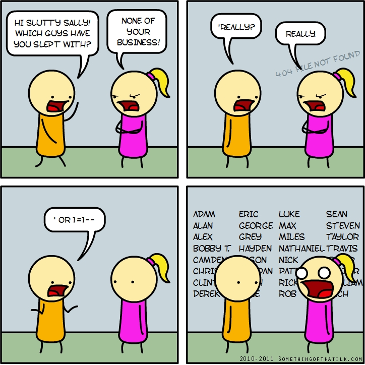 HI SLUTTY SALLY!
WHICH GUYS HAVE
YOU SLEPT WITH?
NONE OF
YOUR
BUSINESS!
'REALLY?
REALLY
404 FILE NOT FOUND
' OR 1=1--
ADAM
ALAN
ALEX
BOBBY T.
CAMDEN
CHRIS
CLINT
DEREK
ERIC
GEORGE
GREY
HAYDEN
JASON
DAN
DAN
E
LUKE
MAX
MILES
NATHANIEL
NICK
PATT
RICK
ROB
SEAN
STEVEN
TAYLOR
TRAVIS
R
LLAM
CH
2010-2011 SOMETHINGOFTHATLK.COM
