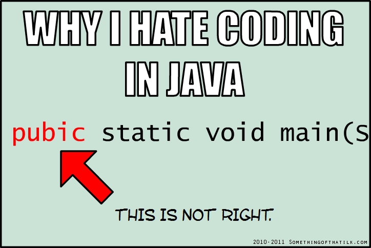 WHY I HATE CODING
IN JAVA
pubic static void main(S
THIS IS NOT RIGHT.
2010-2011 SOMETHINGOFTHATILK.COM
