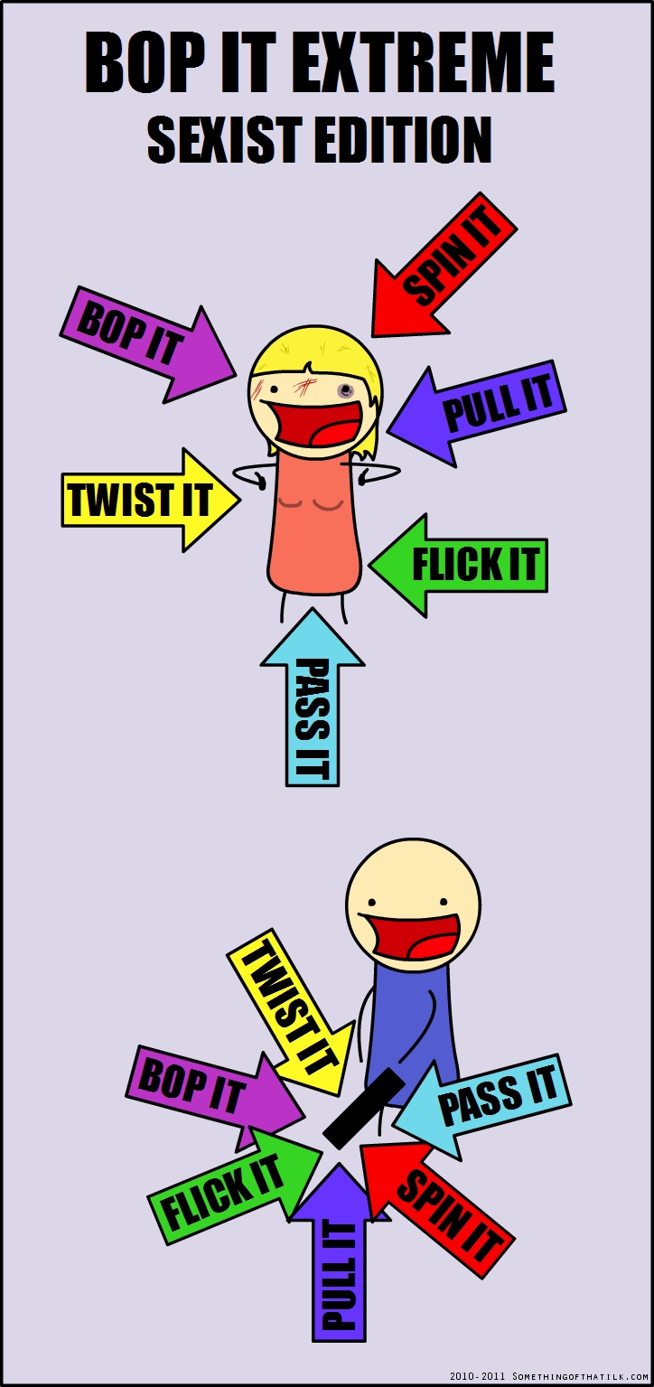 BOP IT EXTREME
SEXIST EDITION
BOP IT
SPIN IT
PULL IT
TWIST IT
FLICK IT
PASS IT
TWIST IT
BOP IT
FLICK IT
PASS IT
SPIN IT
PULL IT
2010-2011 SOMETHINGOFTHATILK.COM