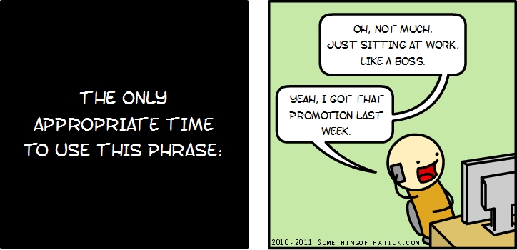 THE ONLY
APPROPRIATE TIME
TO USE THIS PHRASE:
OH, NOT MUCH.
JUST SITTING AT WORK,
LIKE A BOSS.
YEAH, I GOT THAT
PROMOTION LAST
WEEK.
2010- 2011 SOMETHINGOFTHATLK.COM