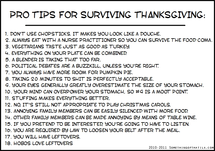 PRO TIPS FOR SURVIVING THANKSGIVING:
1. DON'T USE CHOPSTICKS. IT MAKES YOU LOOK LIKE A DOUCHE.
2. ALWAYS EAT WITH A NURSE PRACTITIONER SO YOU CAN SURVIVE THE FOOD COMA.
3. VEGETARIANS TASTE JUST AS GOOD AS TURKEY.
4. EVERYTHING ON YOUR PLATE CAN BE COMBINED.
5. A BLENDER IS TAKING THAT TOO FAR.
