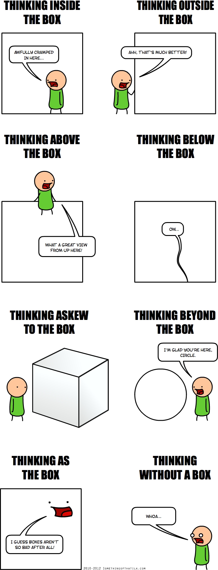 THINKING INSIDE
THE BOX
AWFULLY CRAMPED
IN HERE...
THINKING OUTSIDE
THE BOX
AHH, THAT'S MUCH BETTER!
THINKING ABOVE
THE BOX
WHAT A GREAT VIEW
FROM UP HERE!
THINKING BELOW
THE BOX
OW...
THINKING ASKEW
TO THE BOX
THINKING BEYOND
THE BOX
I'M GLAD YOU'RE HERE,
CIRCLE.
THINKING AS
THE BOX
I GUESS BOXES AREN'T
SO BAD AFTER ALL!
THINKING
WITHOUT A BOX
WHOА...
2010-2012 SOMETHINGOFTHATLK.COM