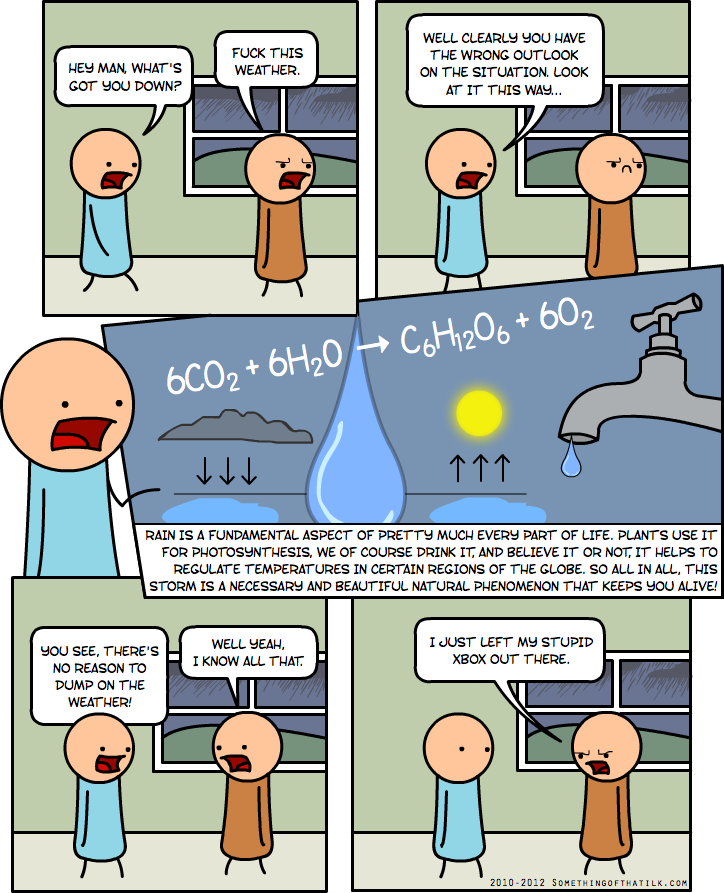 HEY MAN, WHAT'S
GOT YOU DOWN?
FUCK THIS
WEATHER.
WELL CLEARLY YOU HAVE
THE WRONG OUTLOOK
ON THE SITUATION. LOOK
AT IT THIS WAY...
6CO2 + 6H2O
C6H12O6 + 6O2
RAIN IS A FUNDAMENTAL ASPECT OF PRETTY MUCH EVERY PART OF LIFE. PLANTS USE IT
FOR PHOTOSYNTHESIS, WE OF COURSE DRINK IT, AND BELIEVE IT OR NOT, IT HELPS TO
REGULATE TEMPERATURES IN CERTAIN REGIONS OF THE GLOBE. SO ALL IN ALL, THIS
STORM IS A NECESSARY AND BEAUTIFUL NATURAL PHENOMENON THAT KEEPS YOU ALIVE!
YOU SEE, THERE'S
NO REASON TO
DUMP ON THE
WEATHER!
WELL YEAH,
I KNOW ALL THAT.
I JUST LEFT MY STUPID
XBOX OUT THERE.
2010-2012 SOMETHINGOFTHATLIK.COM
