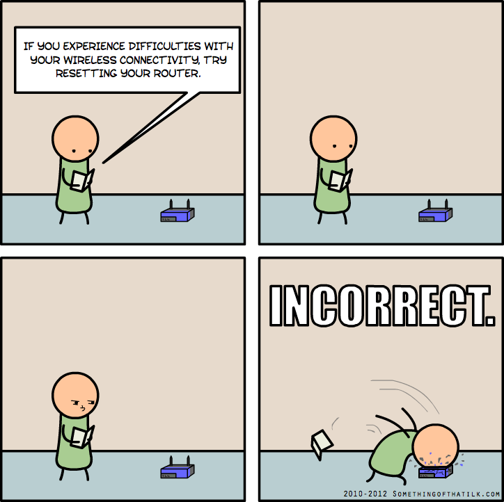 IF YOU EXPERIENCE DIFFICULTIES WITH
YOUR WIRELESS CONNECTIVITY, TRY
RESETTING YOUR ROUTER.
INCORRECT.
2010-2012 SOMETHINGOFTHATILK.COM