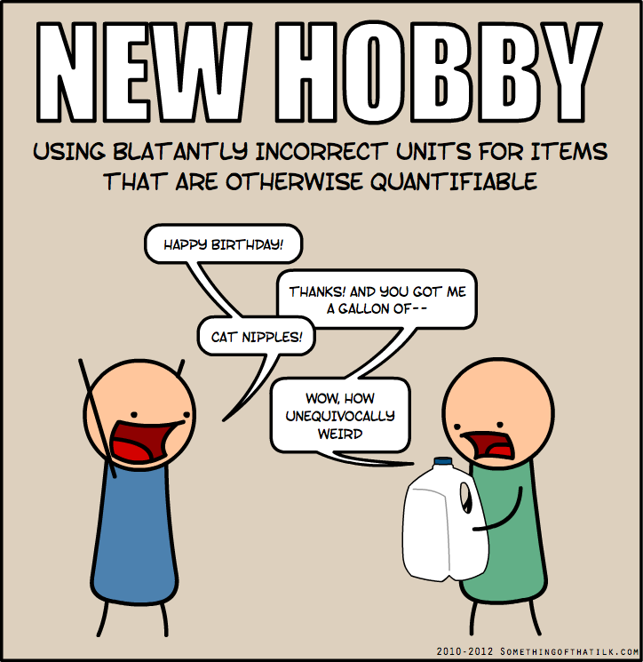 NEW HOBBY
USING BLATANTLY INCORRECT UNITS FOR ITEMS THAT ARE OTHERWISE QUANTIFIABLE
HAPPY BIRTHDAY!
THANKS! AND YOU GOT ME A GALLON OF --
CAT NIPPLES!
WOW, HOW UNEQUIVOCALLY WEIRD
2010-2012 SOMETHINGOFTHATILK.COM