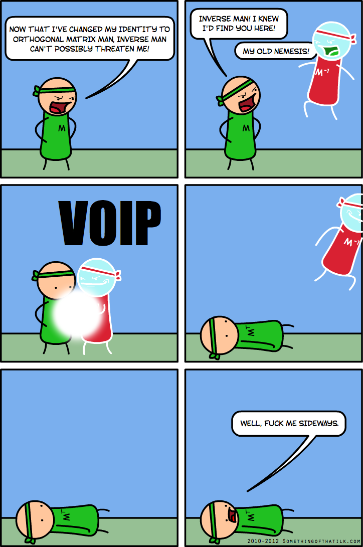 NOW THAT I'VE CHANGED MY IDENTITY TO ORTHOGONAL MATRIX MAN, INVERSE MAN CAN'T POSSIBLY THREATEN ME!
INVERSE MAN! I KNEW I'D FIND YOU HERE!
MY OLD NEMESIS!
M⁻¹
M
VOIP
M⁻¹
M^T
WELL, FUCK