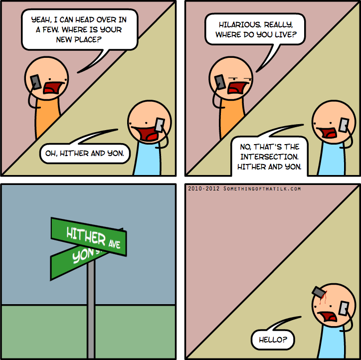 YEAH, I CAN HEAD OVER IN
A FEW. WHERE IS YOUR
NEW PLACE?
OH, HITHER AND YON.
HILARIOUS. REALLY,
WHERE DO YOU LIVE?
NO, THAT'S THE
INTERSECTION.
HITHER AND YON.
HITHER AVE
YON
2010-2012 SOMETHINGOFTHATLJK.COM
HELLO?