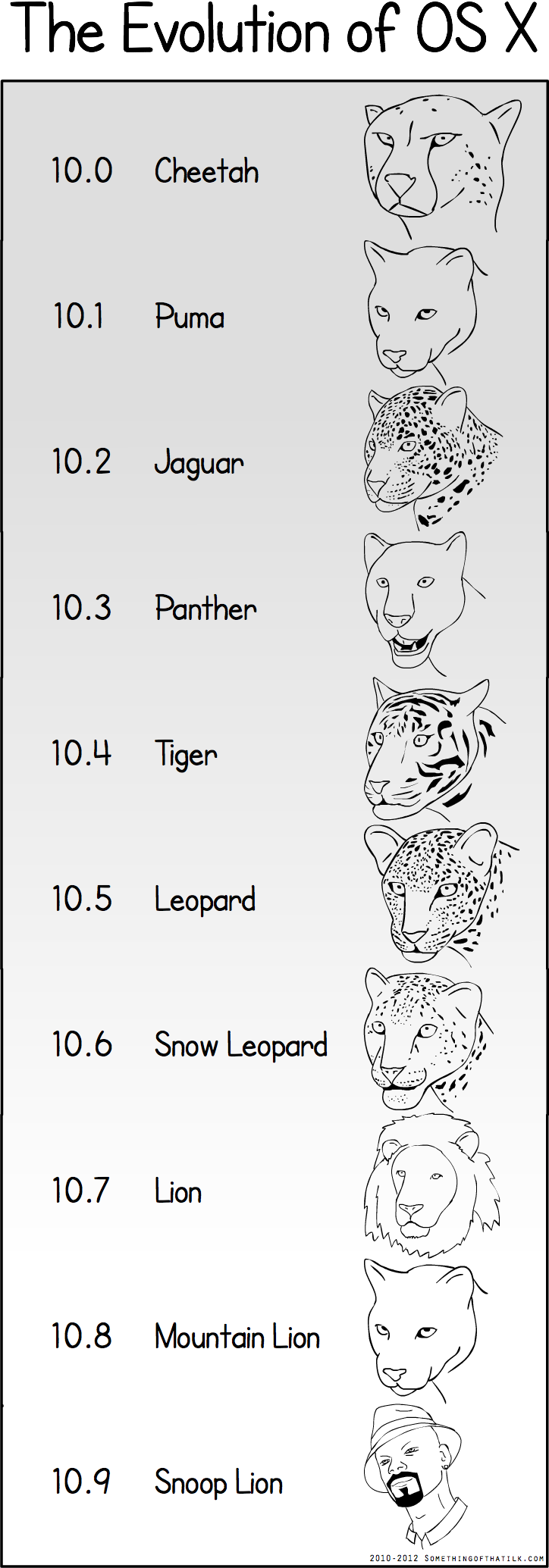 10.0 Cheetah
10.1 Puma
10.2 Jaguar
10.3 Panther
10.4 Tiger
10.5 Leopard
10.6 Snow Leopard
10.7 Lion
10.8 Mountain Lion
10.9 Snoop Lion
2010-2012 SOMETHINGOFTHATLK.COM