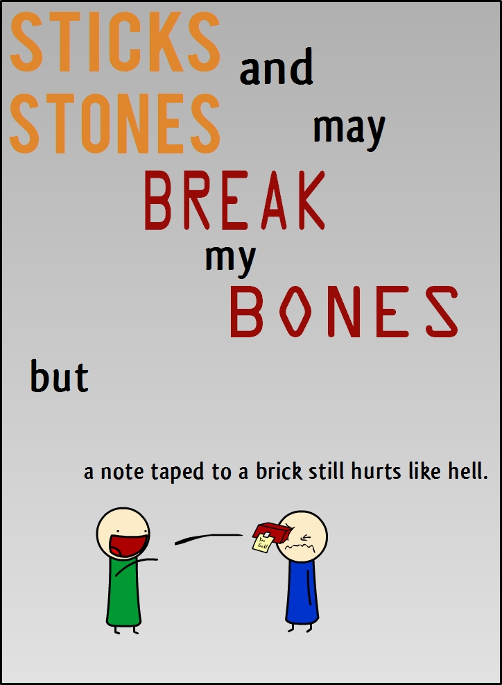 STICKS
and
STONES
may
BREAK
my
BONES
but
a note taped to a brick still hurts like hell.
HAIL