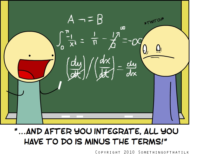 A → = B
∫π 0 1/x² = 1/π - 1/0 = -∞
(dy/dt)/(dx/dt) = dy/dx
*TWITCH*
